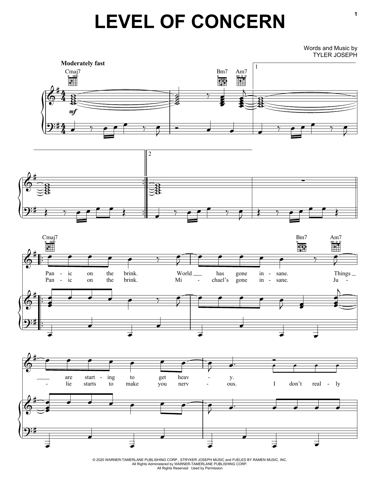Twenty One Pilots Level Of Concern sheet music notes and chords arranged for Super Easy Piano