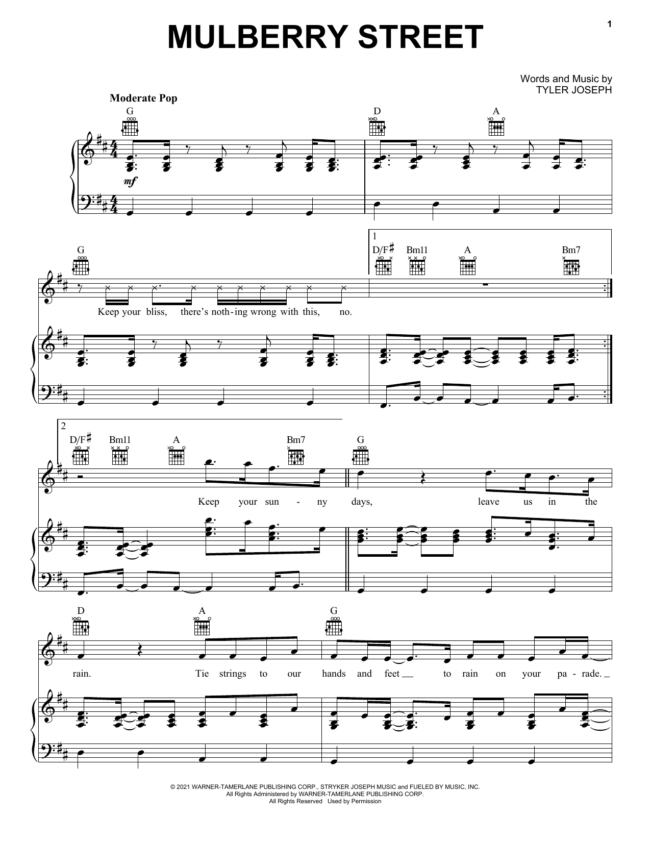 Twenty One Pilots Mulberry Street sheet music notes and chords arranged for Piano, Vocal & Guitar Chords (Right-Hand Melody)