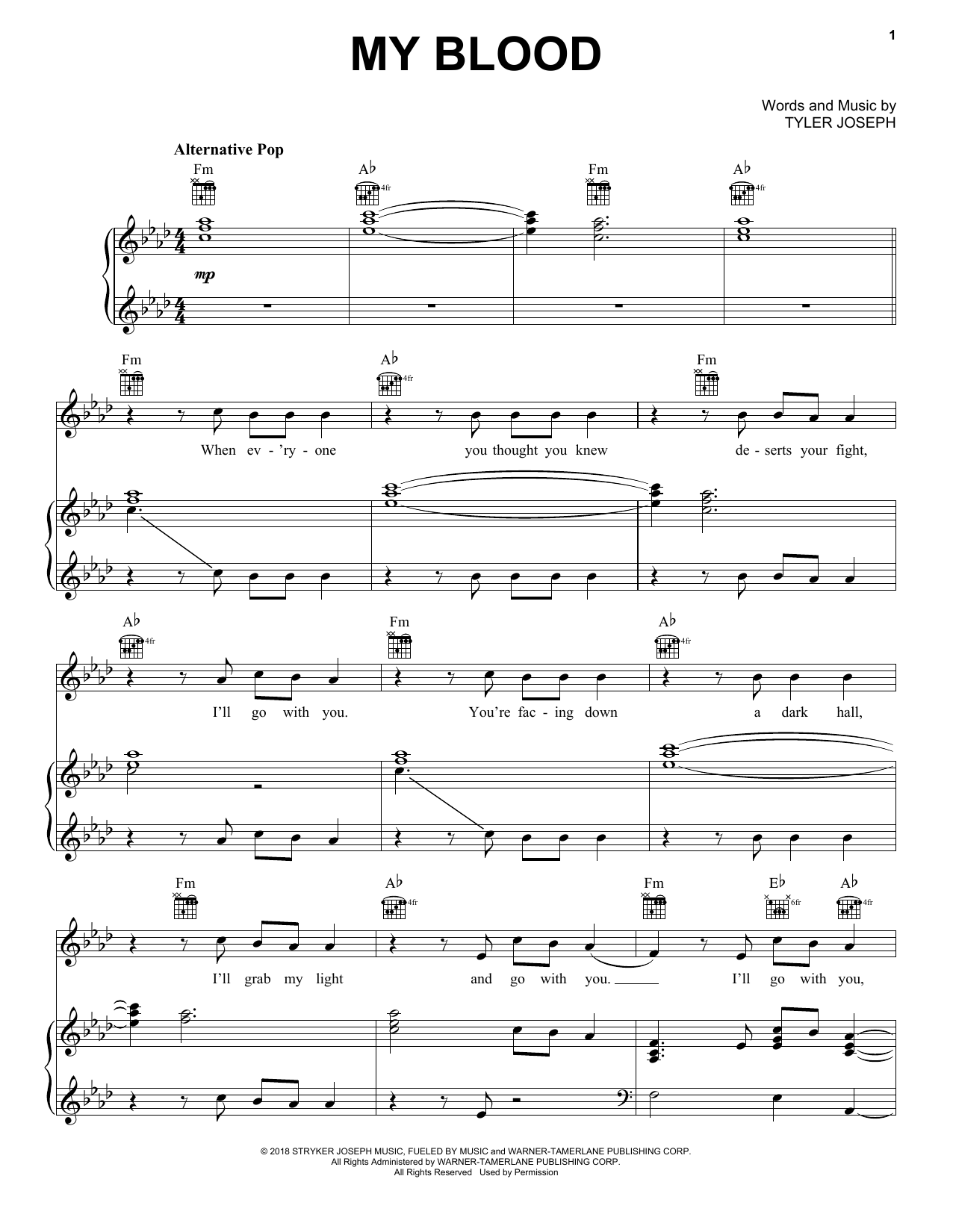 Twenty One Pilots My Blood sheet music notes and chords arranged for Piano, Vocal & Guitar Chords (Right-Hand Melody)