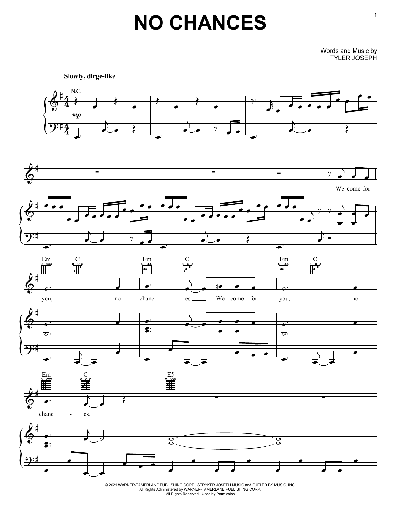 Twenty One Pilots No Chances sheet music notes and chords arranged for Piano, Vocal & Guitar Chords (Right-Hand Melody)