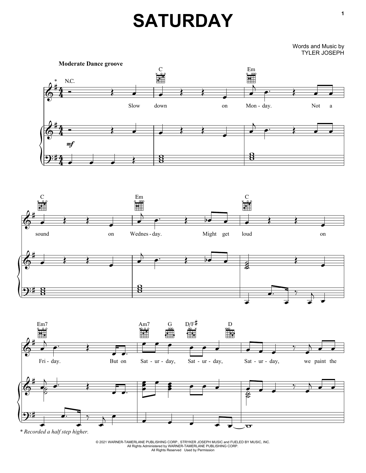 Twenty One Pilots Saturday sheet music notes and chords arranged for Piano, Vocal & Guitar Chords (Right-Hand Melody)