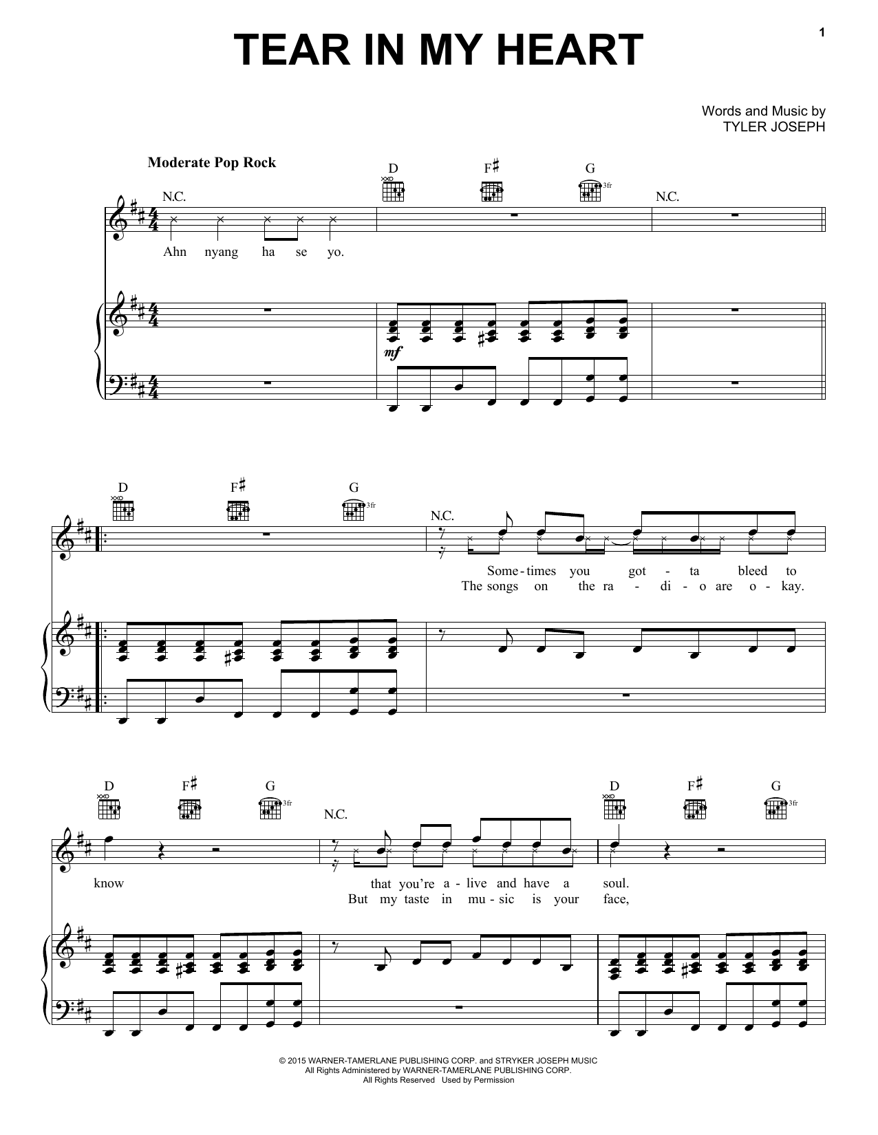 Twenty One Pilots Tear In My Heart sheet music notes and chords arranged for Guitar Chords/Lyrics