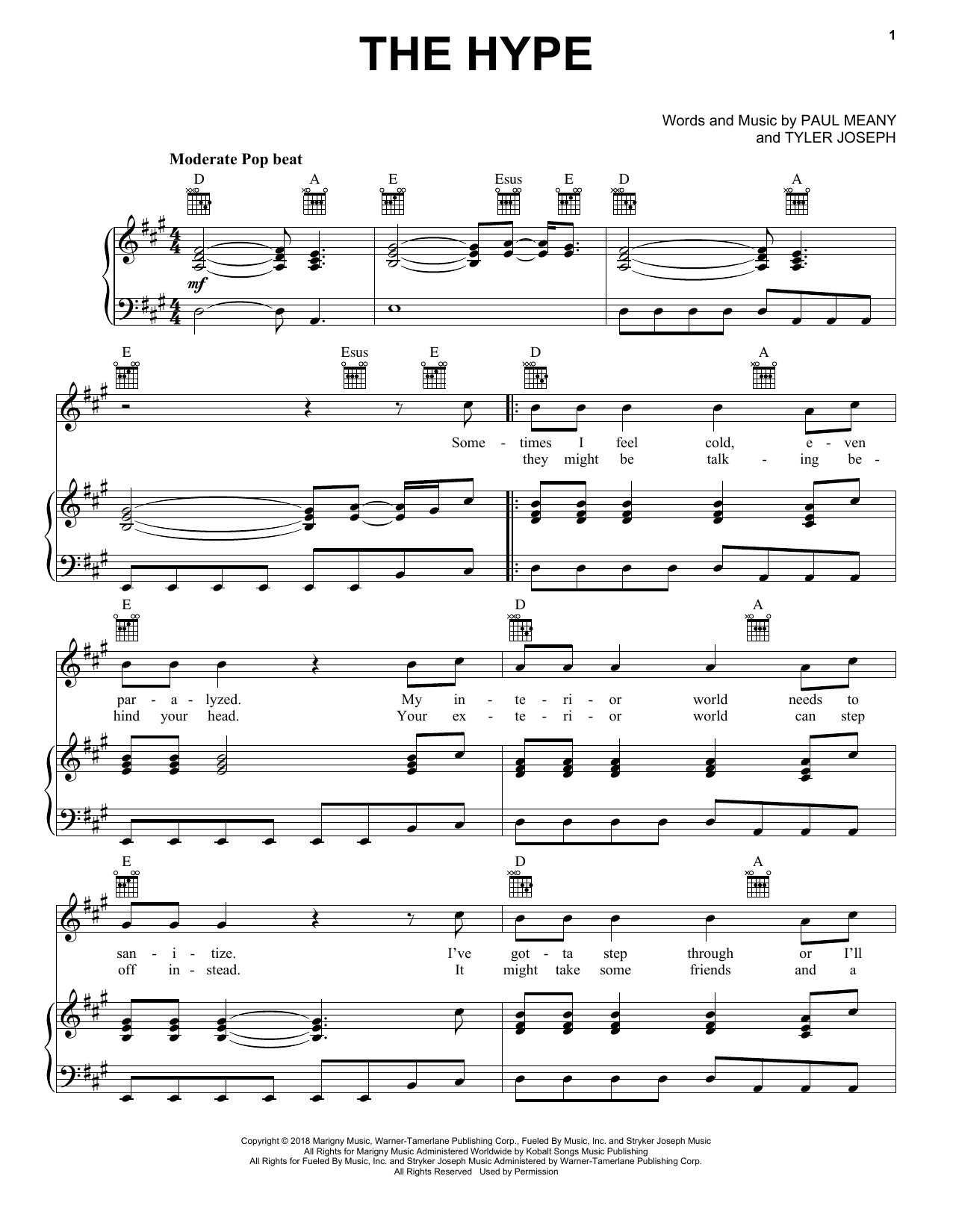Twenty One Pilots The Hype sheet music notes and chords arranged for Big Note Piano