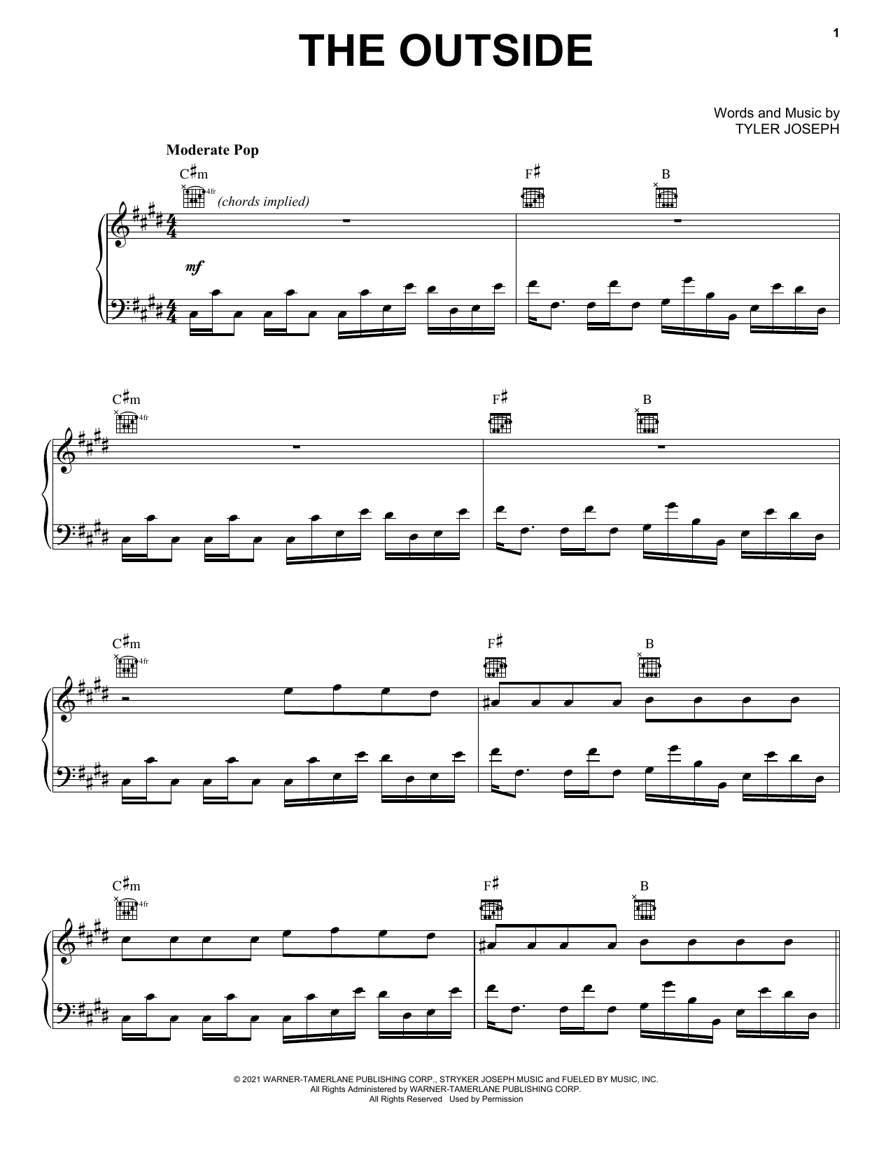 Twenty One Pilots The Outside sheet music notes and chords arranged for Piano, Vocal & Guitar Chords (Right-Hand Melody)