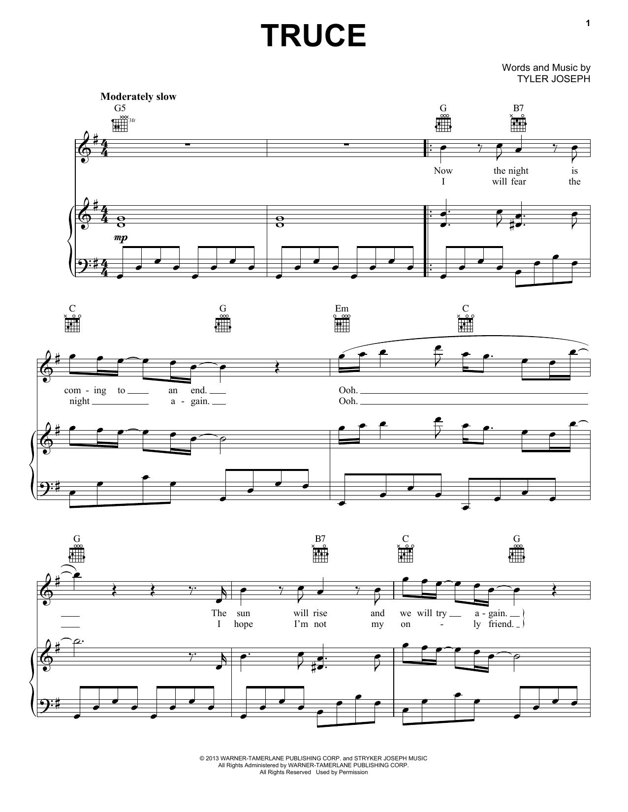 Twenty One Pilots Truce sheet music notes and chords arranged for Piano, Vocal & Guitar Chords (Right-Hand Melody)