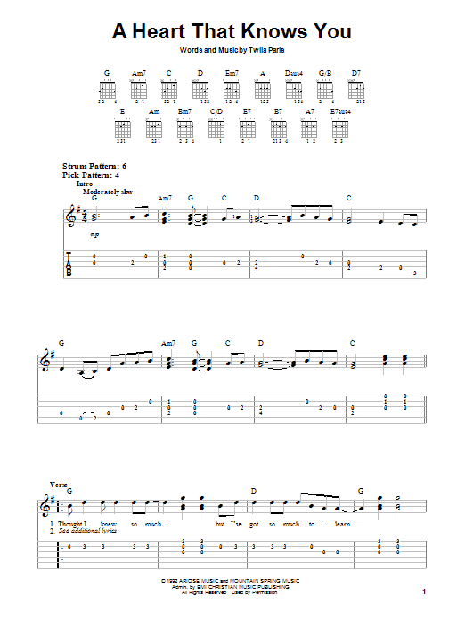 Twila Paris A Heart That Knows You sheet music notes and chords arranged for Easy Guitar