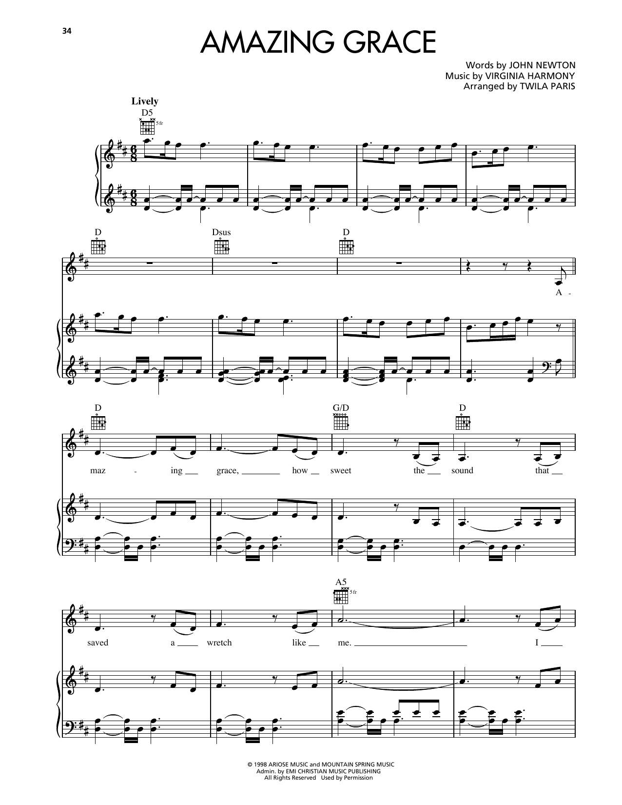 Twila Paris Amazing Grace sheet music notes and chords arranged for Piano, Vocal & Guitar Chords (Right-Hand Melody)