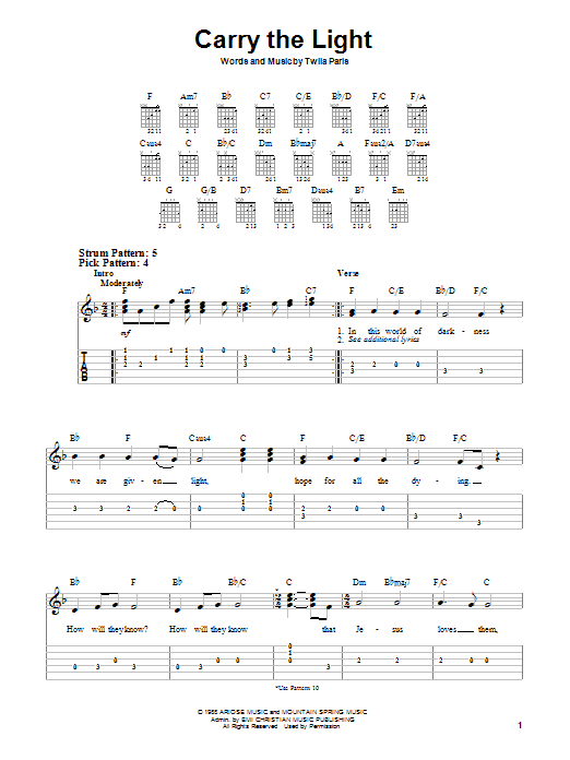 Twila Paris Carry The Light sheet music notes and chords arranged for Easy Guitar