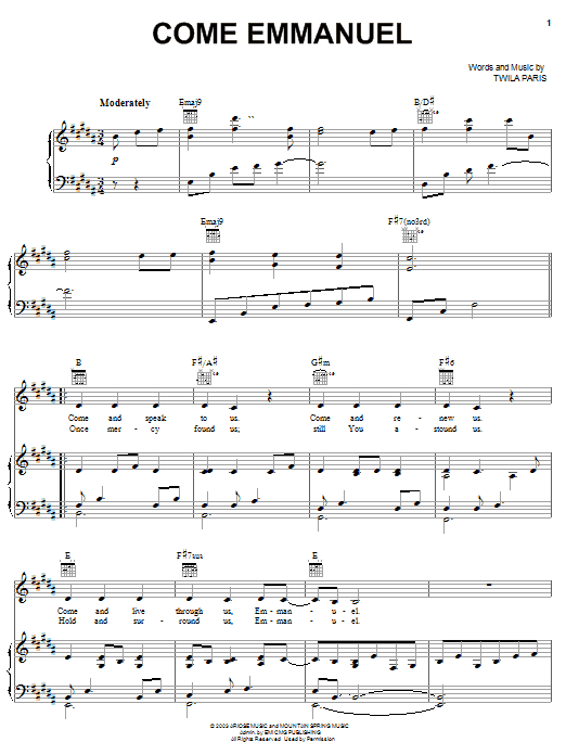 Twila Paris Come Emmanuel sheet music notes and chords arranged for Piano, Vocal & Guitar Chords (Right-Hand Melody)