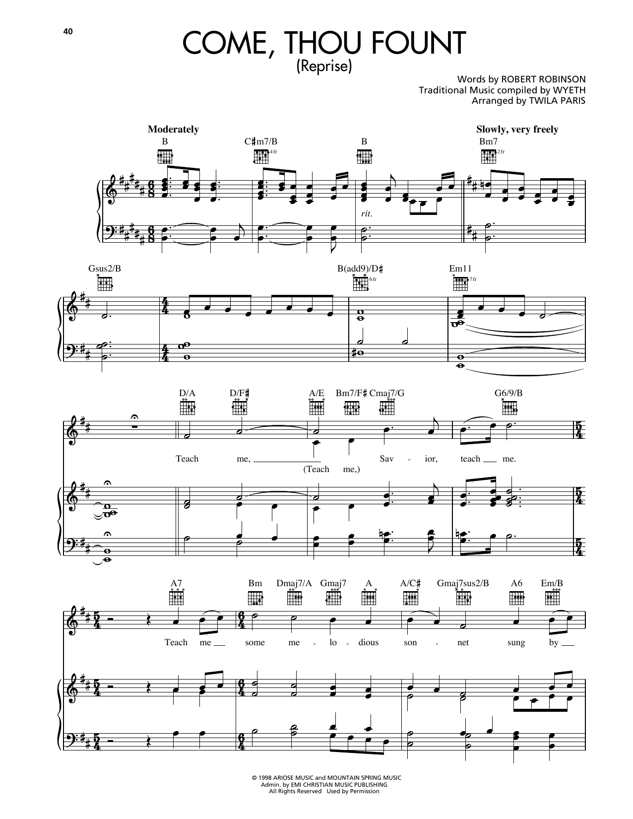 Twila Paris Come, Thou Fount (Reprise) sheet music notes and chords arranged for Piano, Vocal & Guitar Chords (Right-Hand Melody)