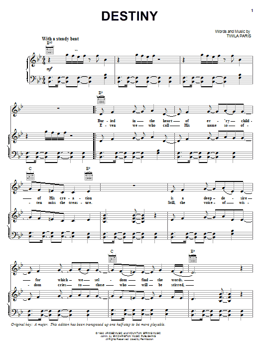 Twila Paris Destiny sheet music notes and chords arranged for Piano, Vocal & Guitar Chords (Right-Hand Melody)