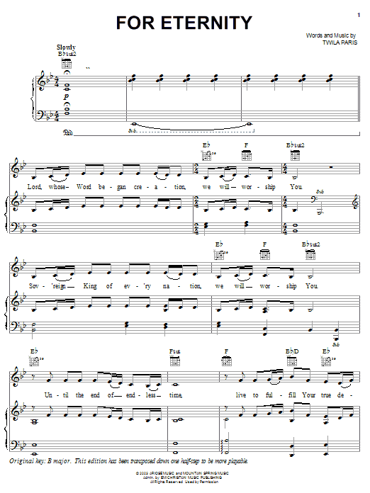 Twila Paris For Eternity sheet music notes and chords arranged for Piano, Vocal & Guitar Chords (Right-Hand Melody)