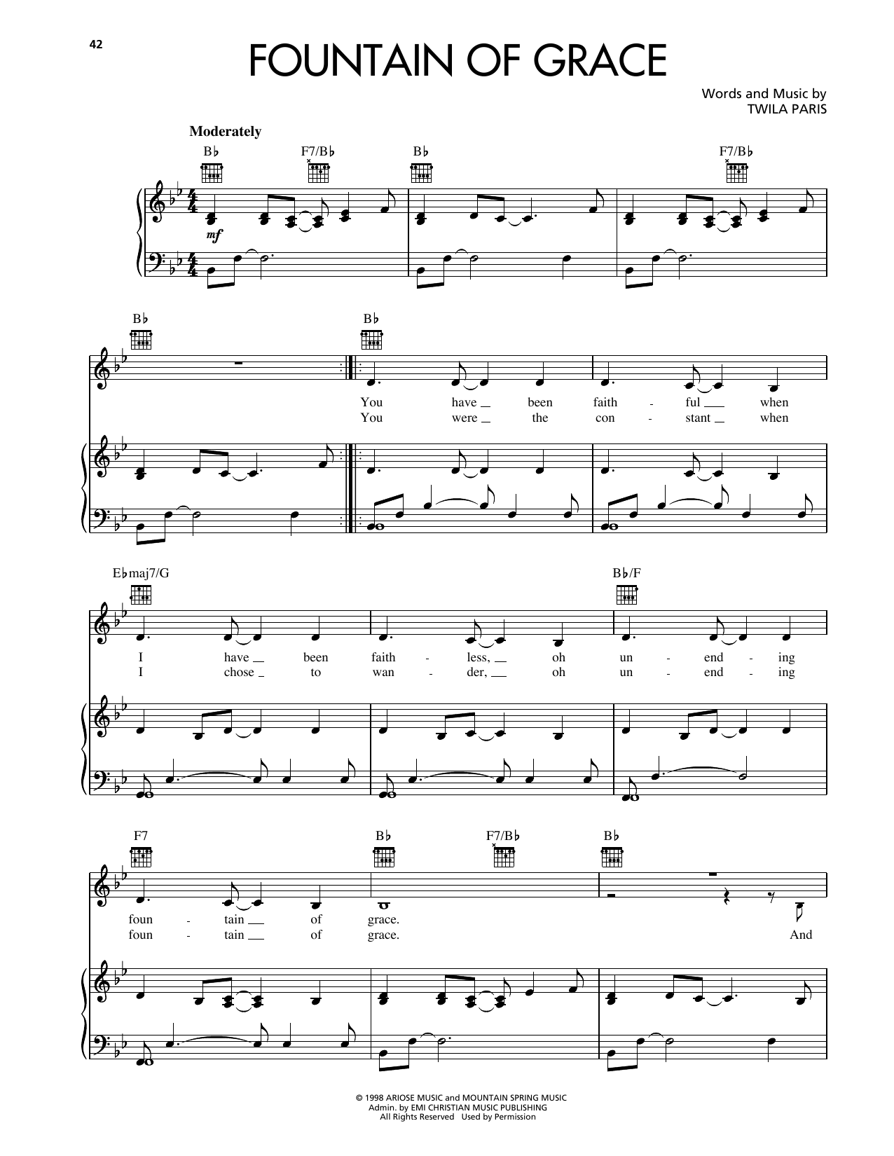Twila Paris Fountain Of Grace sheet music notes and chords arranged for Piano, Vocal & Guitar Chords (Right-Hand Melody)