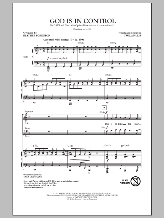 Twila Paris God Is In Control (arr. Heather Sorenson) sheet music notes and chords arranged for SATB Choir