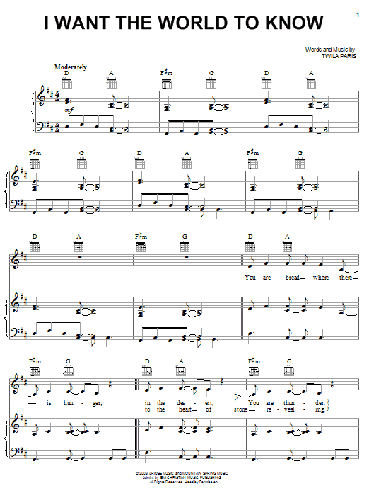 Twila Paris I Want The World To Know sheet music notes and chords arranged for Piano, Vocal & Guitar Chords (Right-Hand Melody)