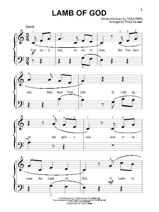 Twila Paris Lamb Of God (arr. Phillip Keveren) sheet music notes and chords arranged for Big Note Piano