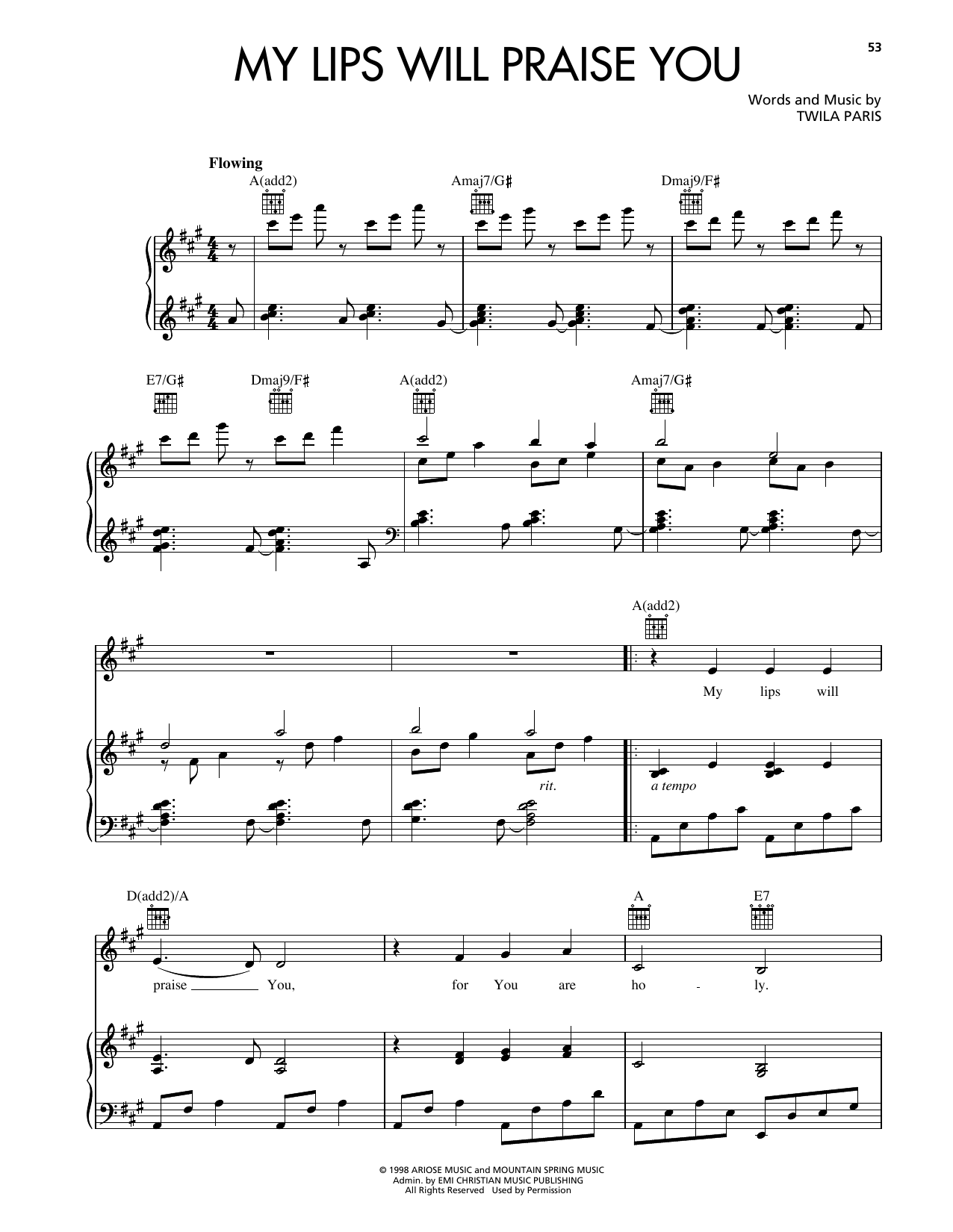 Twila Paris My Lips Will Praise You sheet music notes and chords arranged for Piano, Vocal & Guitar Chords (Right-Hand Melody)
