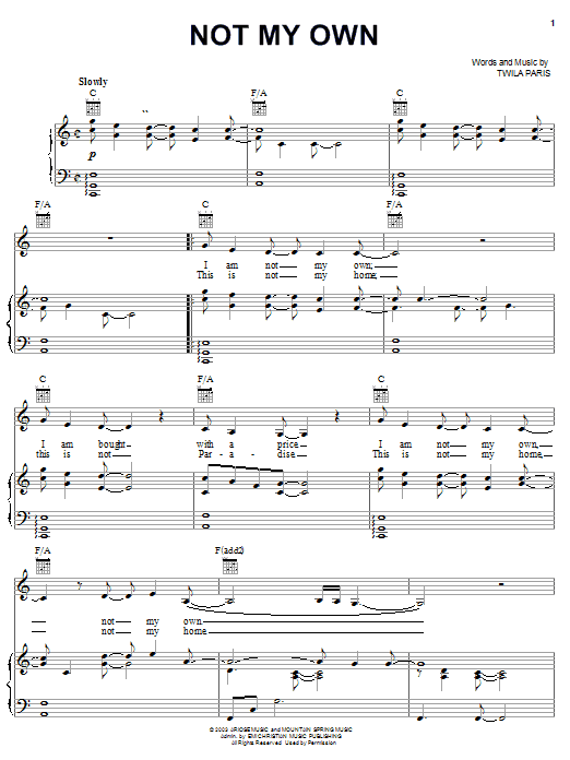Twila Paris Not My Own sheet music notes and chords arranged for Piano, Vocal & Guitar Chords (Right-Hand Melody)