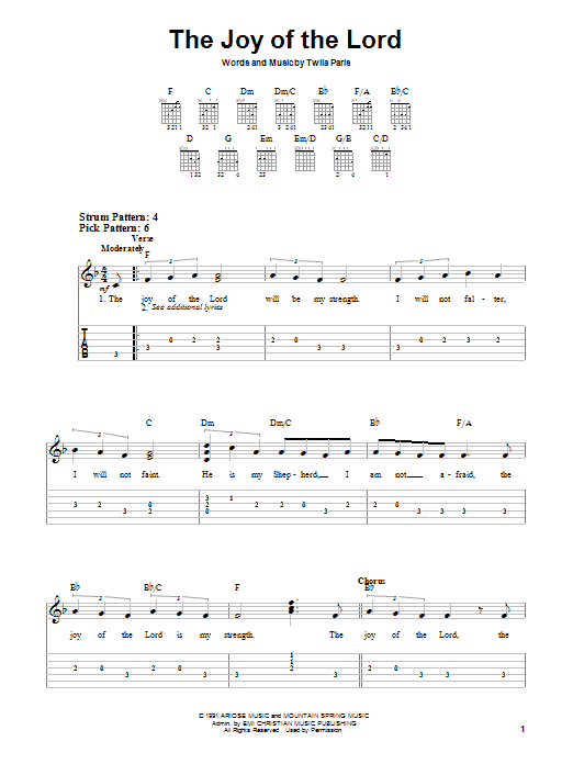 Twila Paris The Joy Of The Lord sheet music notes and chords arranged for Piano, Vocal & Guitar Chords (Right-Hand Melody)