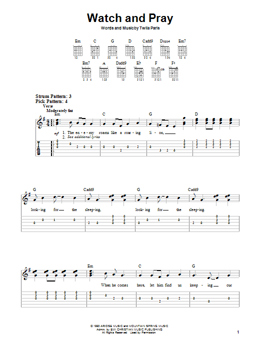 Twila Paris Watch And Pray sheet music notes and chords arranged for Easy Guitar