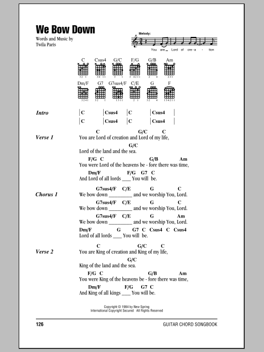 Twila Paris We Bow Down sheet music notes and chords arranged for Guitar Chords/Lyrics