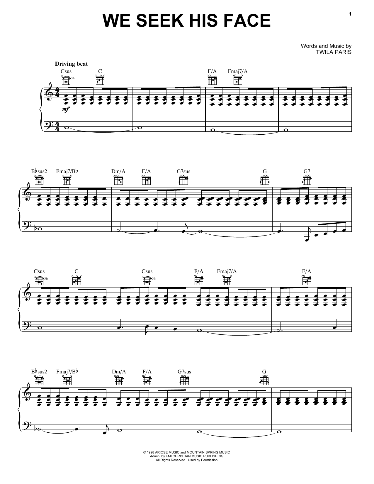 Twila Paris We Seek His Face sheet music notes and chords arranged for Piano, Vocal & Guitar Chords (Right-Hand Melody)
