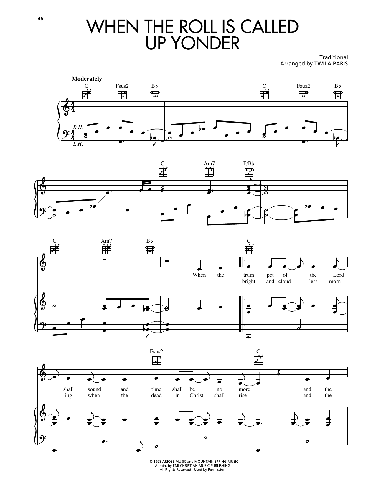 Twila Paris When The Roll Is Called Up Yonder sheet music notes and chords arranged for Piano, Vocal & Guitar Chords (Right-Hand Melody)