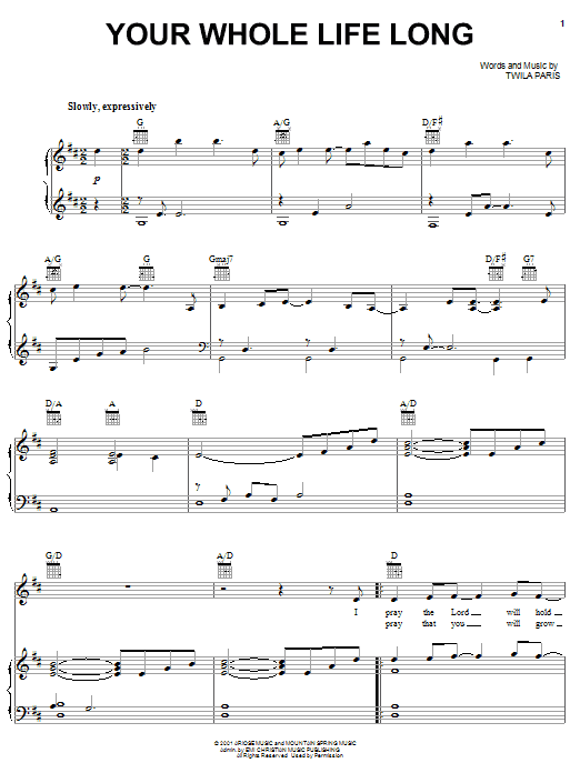 Twila Paris Your Whole Life Long sheet music notes and chords arranged for Piano, Vocal & Guitar Chords (Right-Hand Melody)