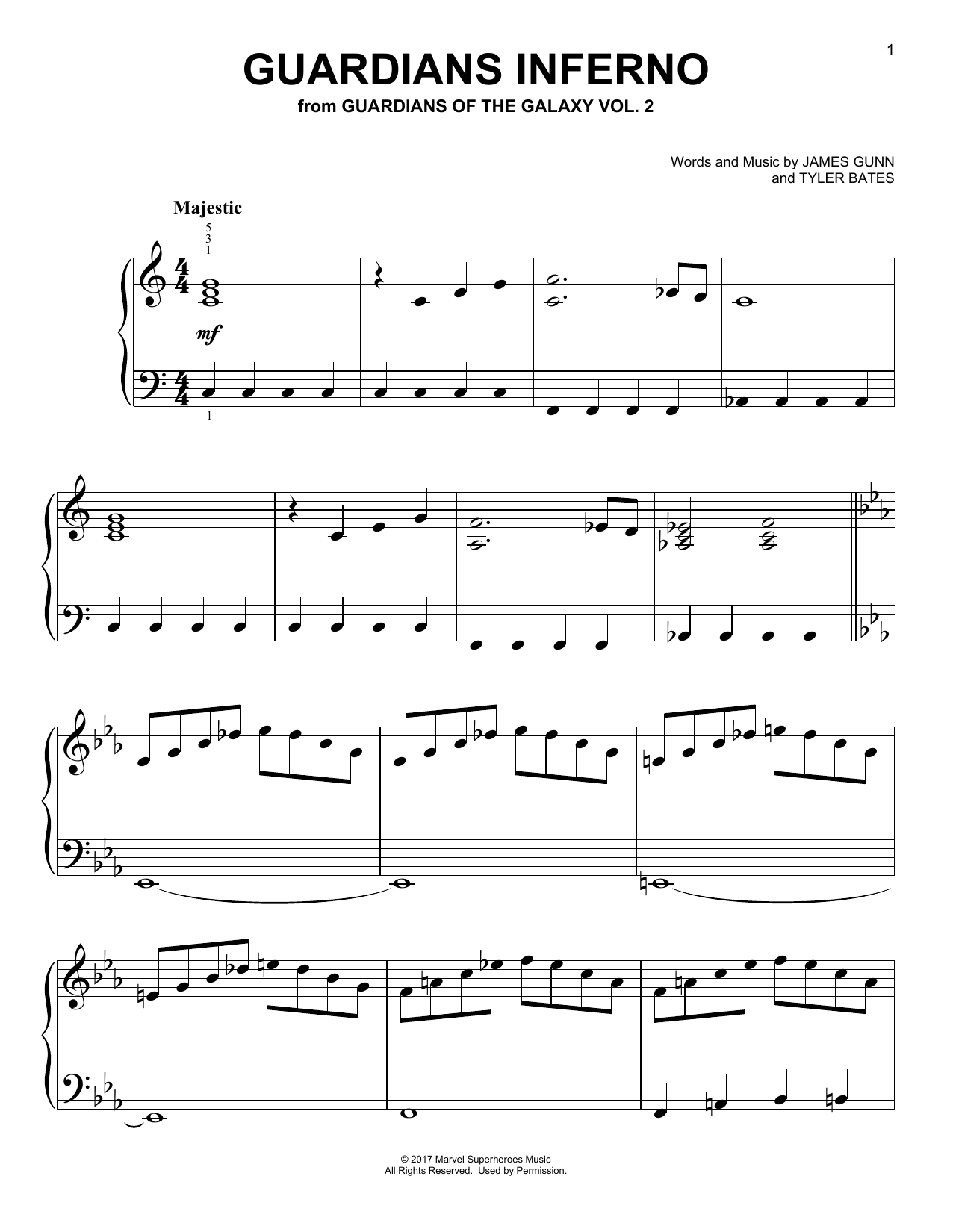 Tyler Bates Guardians Inferno (from Guardians Of The Galaxy) sheet music notes and chords arranged for Easy Piano