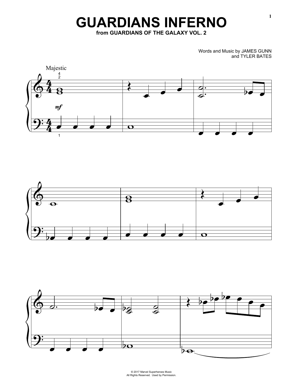 Tyler Bates Guardians Inferno (from Guardians Of The Galaxy Vol. 2) sheet music notes and chords arranged for Big Note Piano