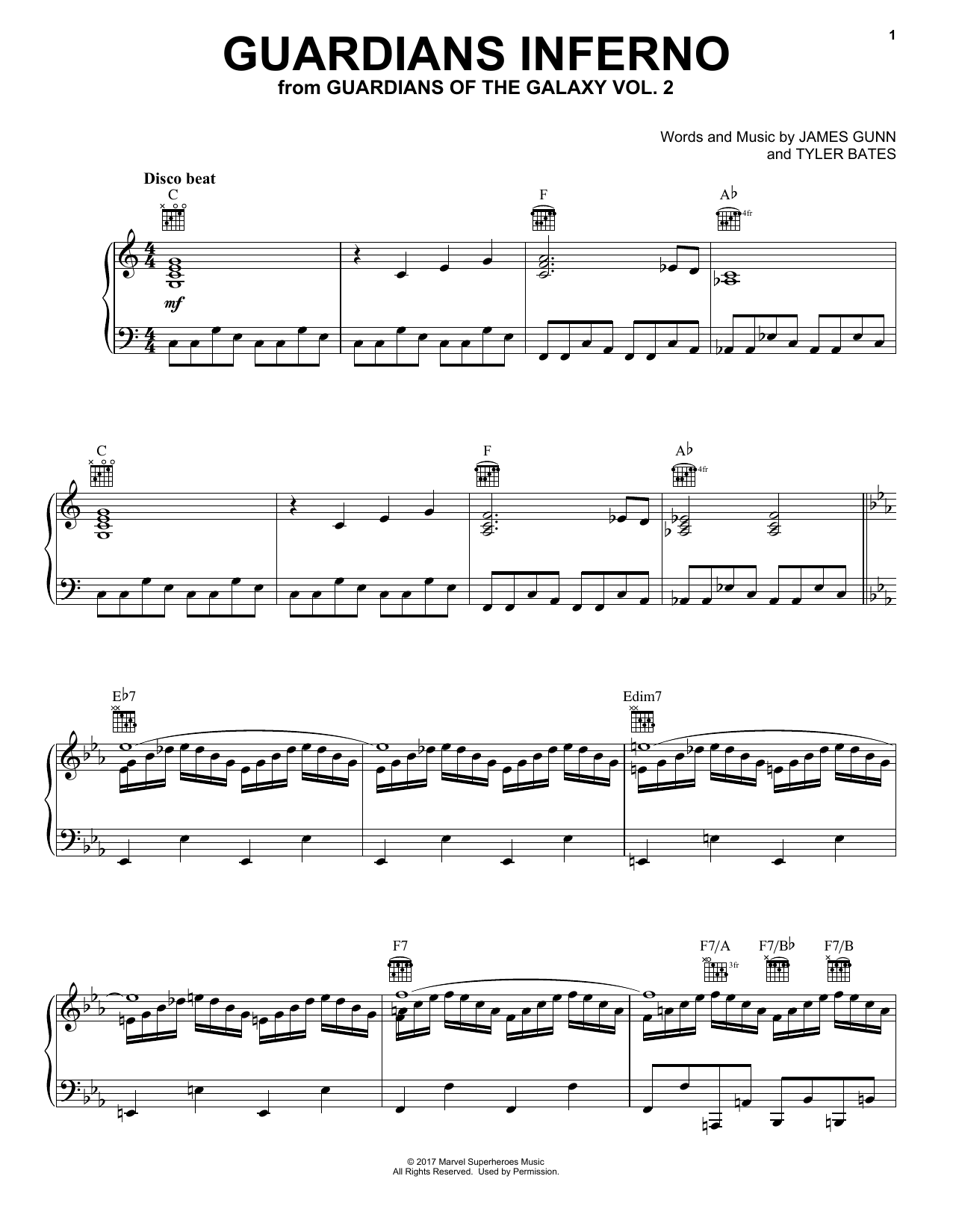 Tyler Bates Guardians Inferno sheet music notes and chords arranged for Piano, Vocal & Guitar Chords (Right-Hand Melody)