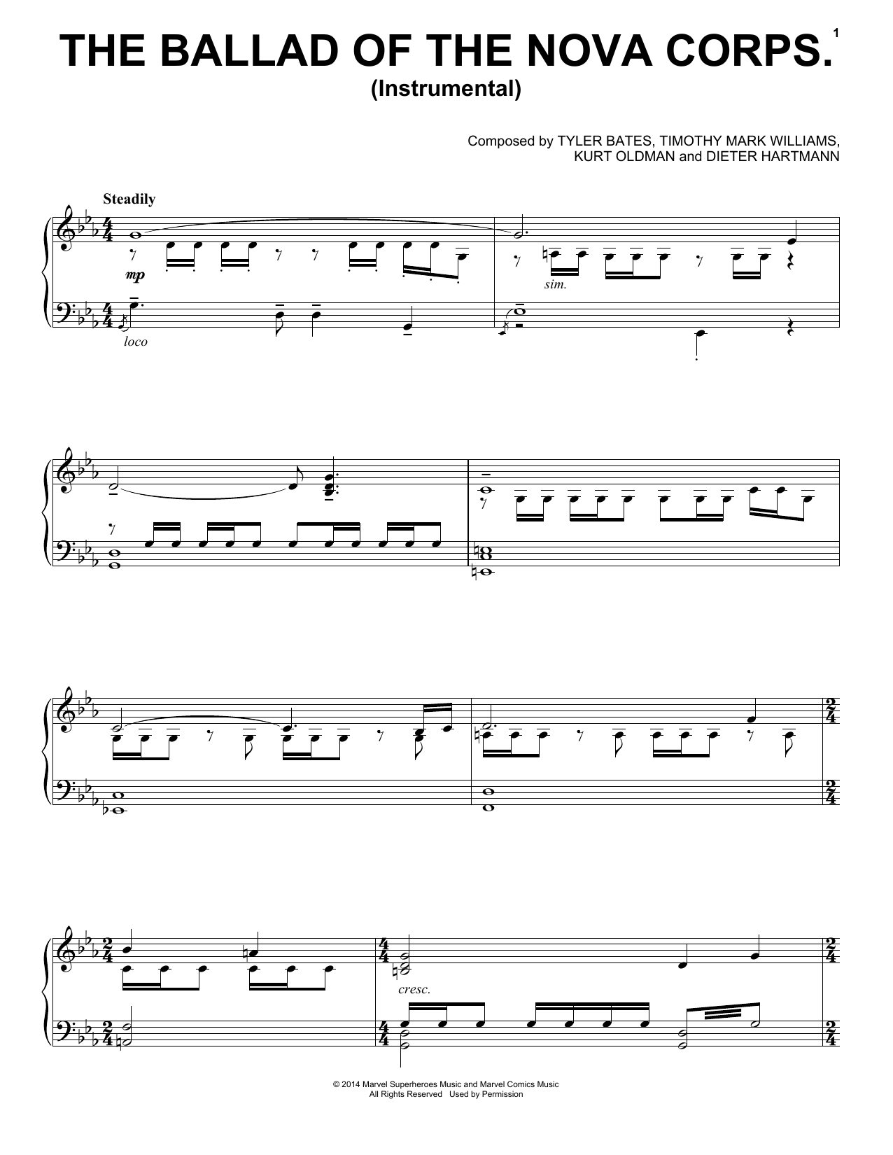 Tyler Bates The Ballad Of The Nova Corps. (Instrumental) sheet music notes and chords arranged for Piano, Vocal & Guitar Chords (Right-Hand Melody)