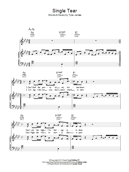 Tyler James Single Tear sheet music notes and chords arranged for Piano, Vocal & Guitar Chords