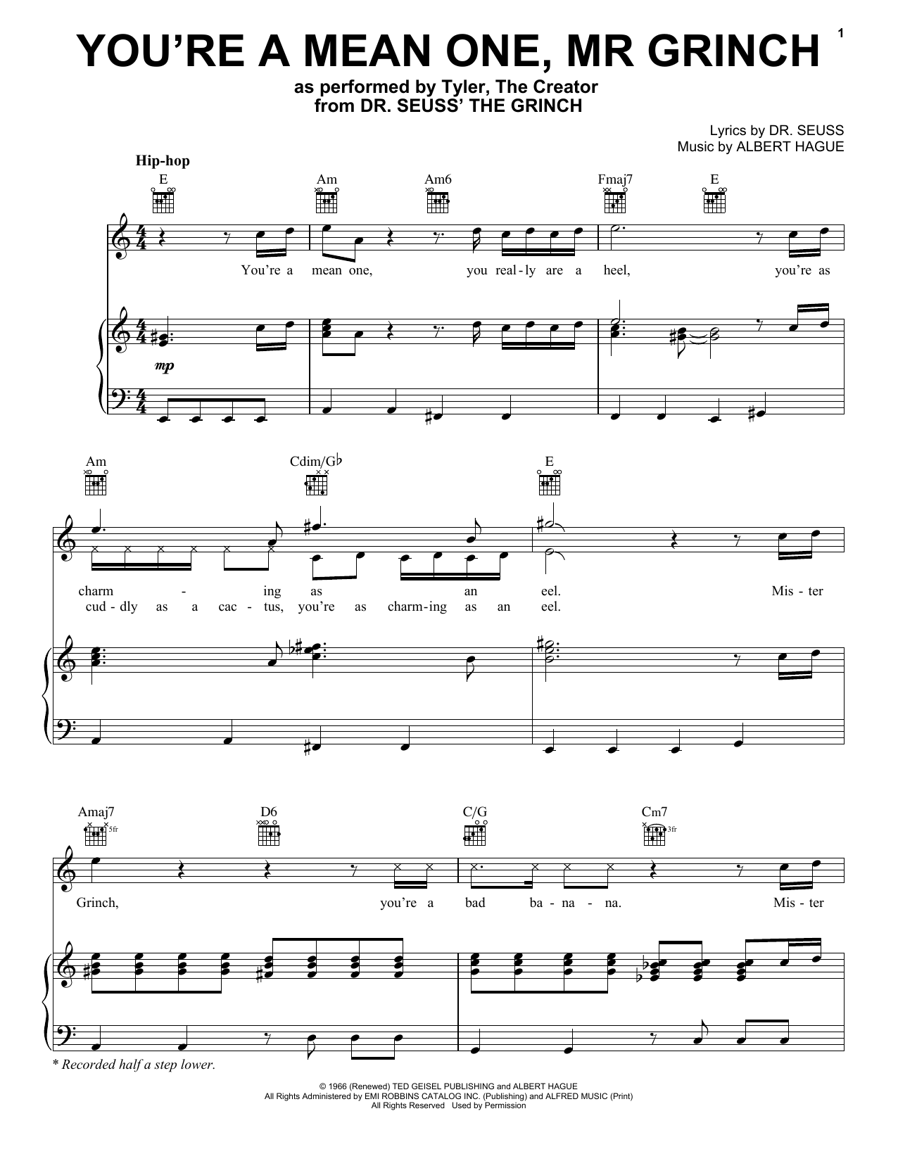 Tyler, The Creator You're A Mean One, Mr. Grinch (from The Grinch) sheet music notes and chords arranged for Piano, Vocal & Guitar Chords (Right-Hand Melody)