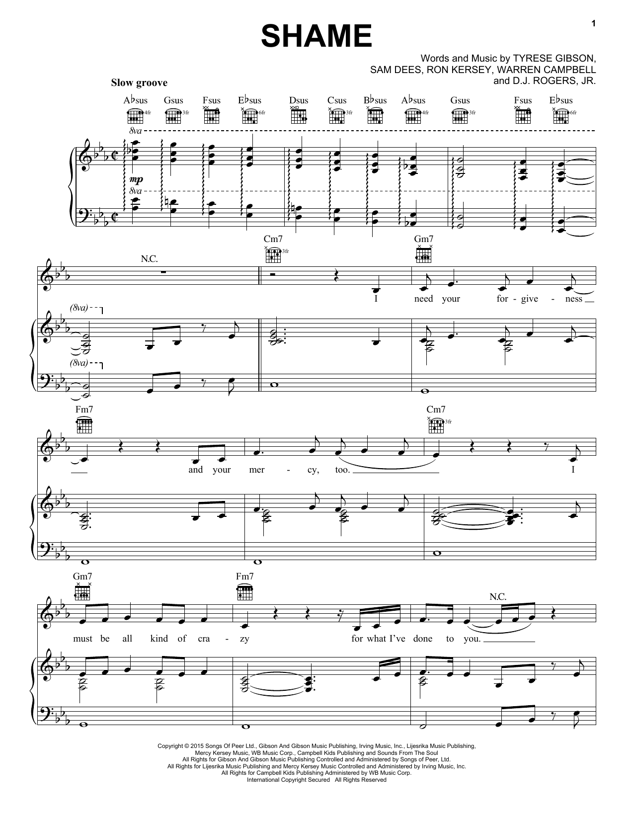 Tyrese Shame sheet music notes and chords arranged for Piano, Vocal & Guitar Chords (Right-Hand Melody)