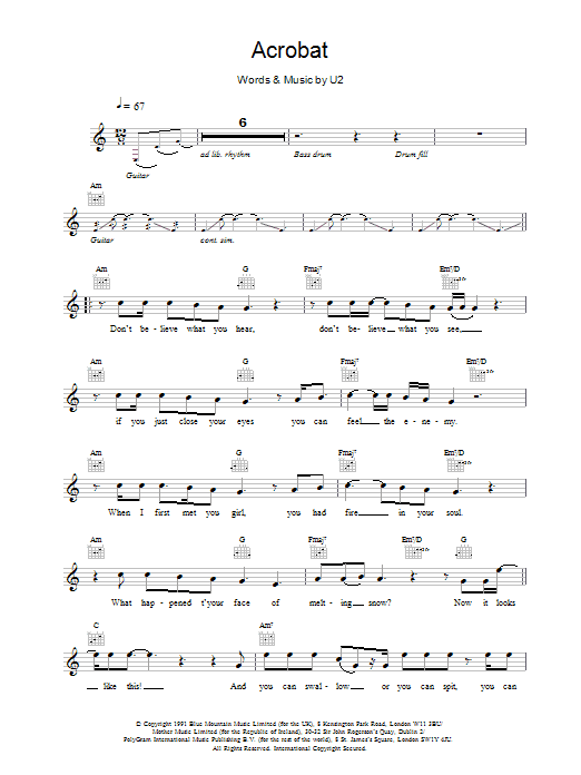 U2 Acrobat sheet music notes and chords arranged for Piano, Vocal & Guitar Chords (Right-Hand Melody)