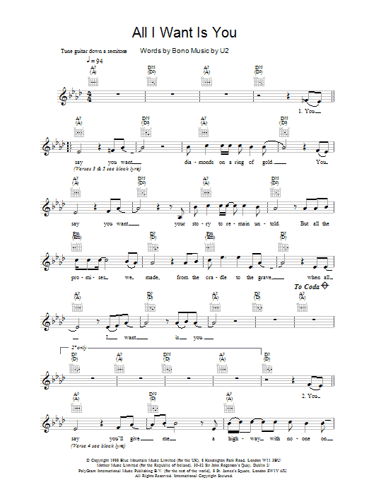 U2 All I Want Is You sheet music notes and chords arranged for Guitar Tab