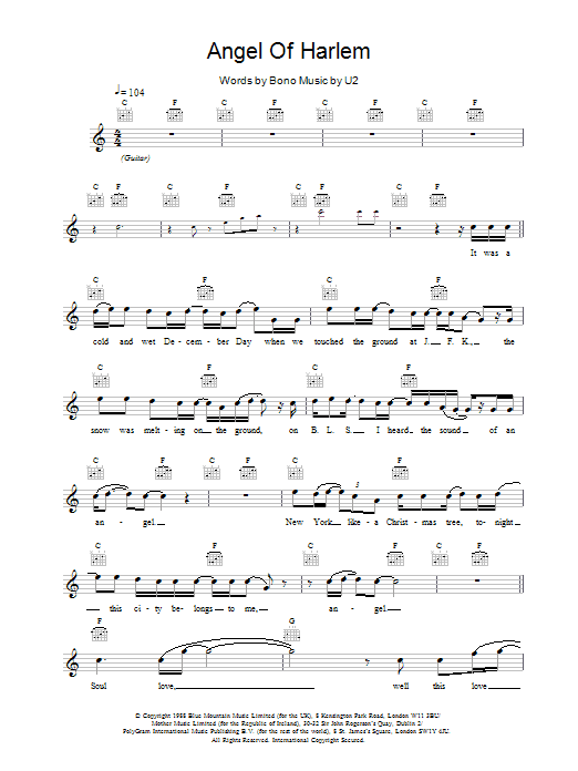 U2 Angel Of Harlem sheet music notes and chords arranged for Piano, Vocal & Guitar Chords (Right-Hand Melody)