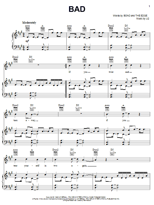 U2 Bad sheet music notes and chords arranged for Piano, Vocal & Guitar Chords (Right-Hand Melody)