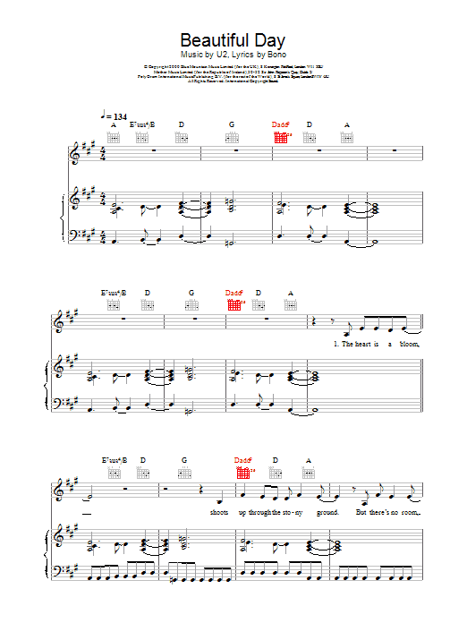 U2 Beautiful Day sheet music notes and chords arranged for Piano, Vocal & Guitar Chords