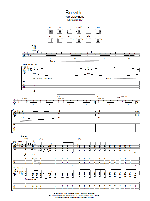 U2 Breathe sheet music notes and chords arranged for Guitar Tab