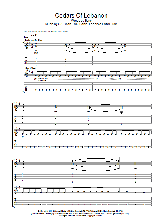 U2 Cedars Of Lebanon sheet music notes and chords arranged for Piano, Vocal & Guitar Chords