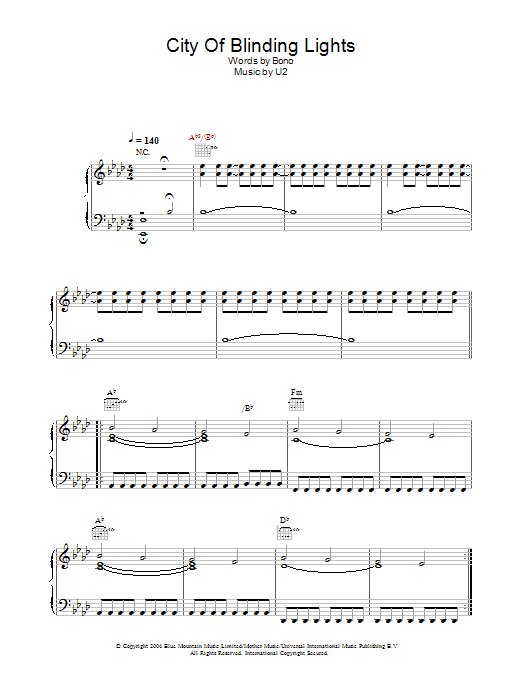 U2 City Of Blinding Lights sheet music notes and chords arranged for Piano, Vocal & Guitar Chords