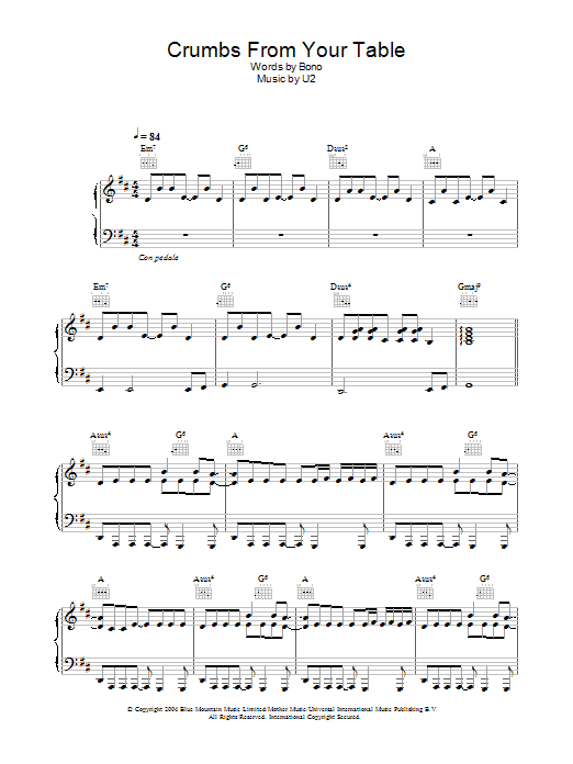 U2 Crumbs From Your Table sheet music notes and chords arranged for Piano, Vocal & Guitar Chords