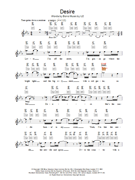 U2 Desire sheet music notes and chords arranged for Bass Guitar Tab