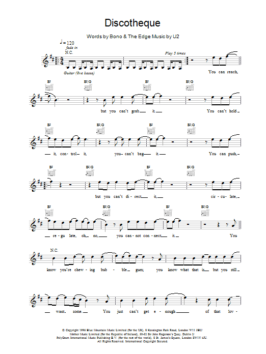 U2 Discothèque sheet music notes and chords arranged for Guitar Tab