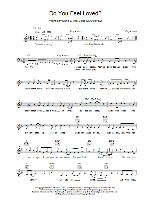 U2 Do You Feel Loved? sheet music notes and chords arranged for Lead Sheet / Fake Book