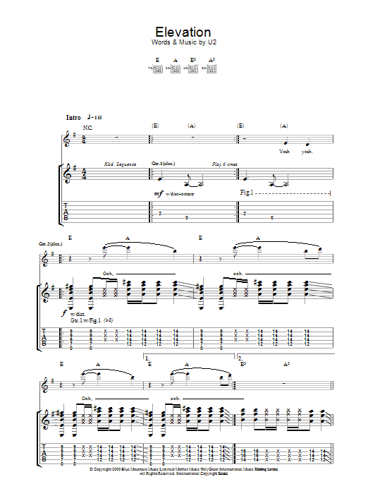 U2 Elevation sheet music notes and chords arranged for Easy Piano