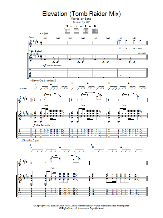 U2 Elevation (Tomb Raider Mix) sheet music notes and chords arranged for Guitar Tab