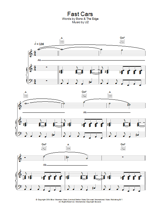 U2 Fast Cars sheet music notes and chords arranged for Piano, Vocal & Guitar Chords
